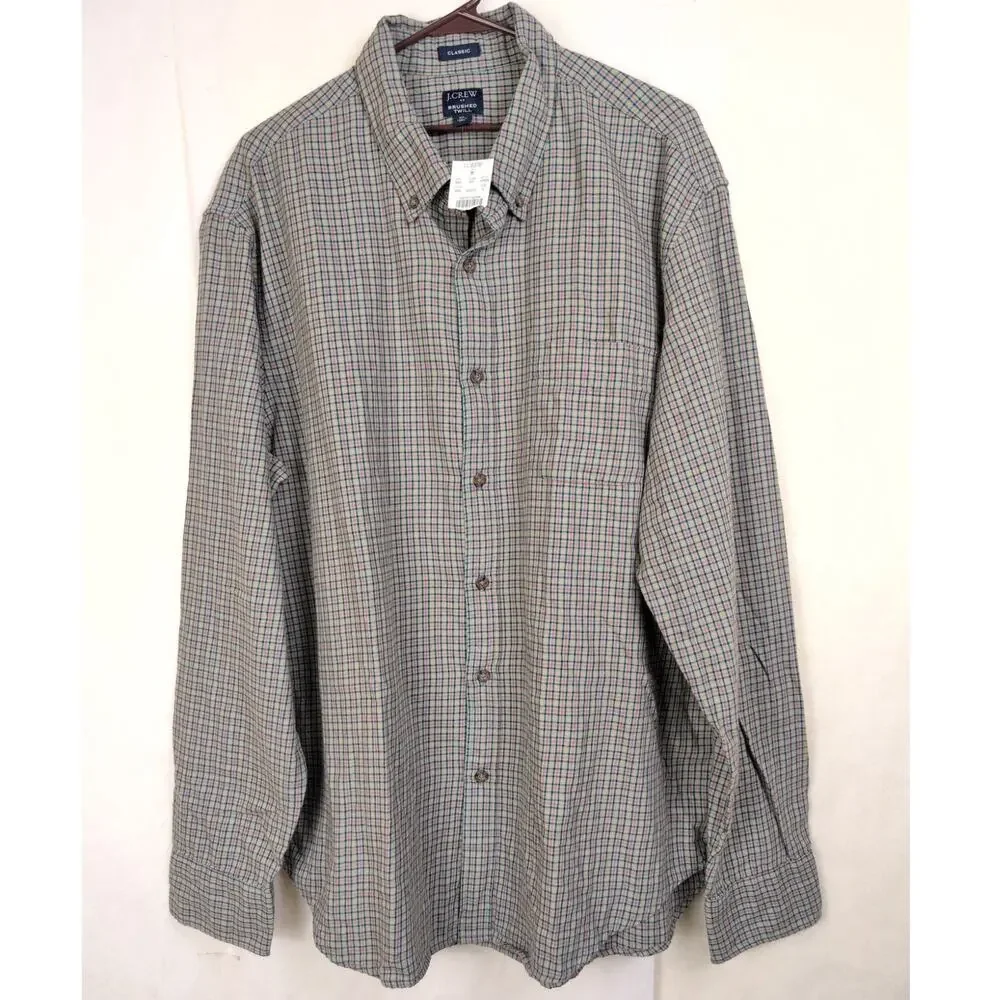 New J.Crew Brushed Twill green plaid button up shirt Size XL Preppy Classic